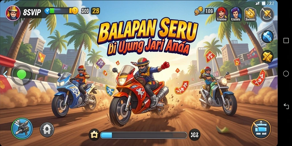Screenshot gameplay 8SVIP menampilkan mobil balap yang melaju kencang.