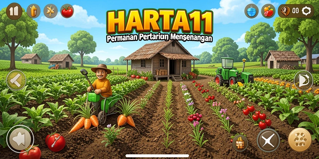 Screenshot HARTA11 menampilkan gameplay pertanian yang menarik dan berwarna-warni.