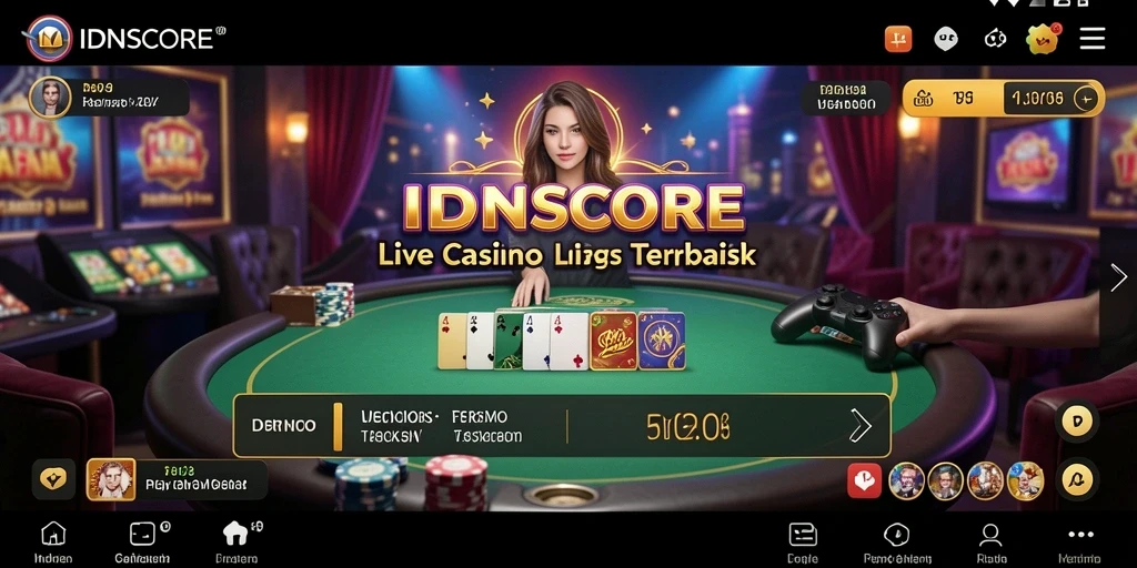 Screenshot gameplay IDNSCORE menunjukkan dealer dan meja permainan Live Casino yang seru.