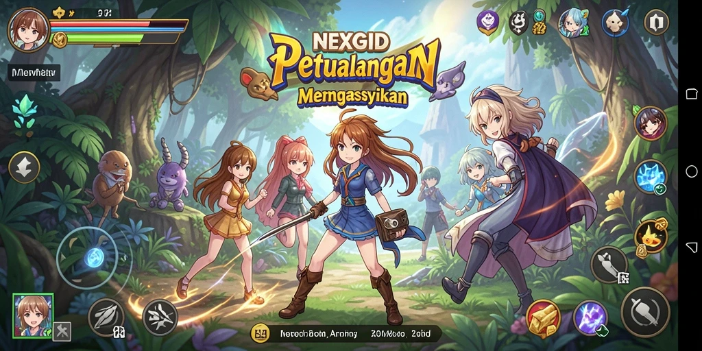 Screenshot gameplay NEXGID menampilkan petualangan seru karakter anime.