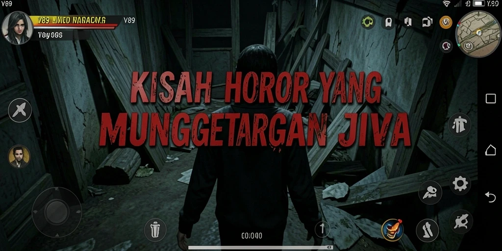Screenshot gameplay V89 menampilkan suasana menakutkan dan misterius.